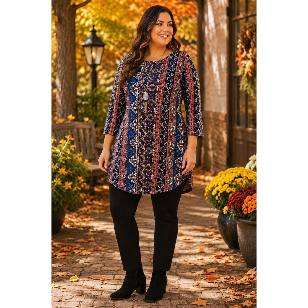 SAY ANYTHING Womens 2X Multicolor Paisley Knit Tunic Top 3/4 Sleeve Stretch